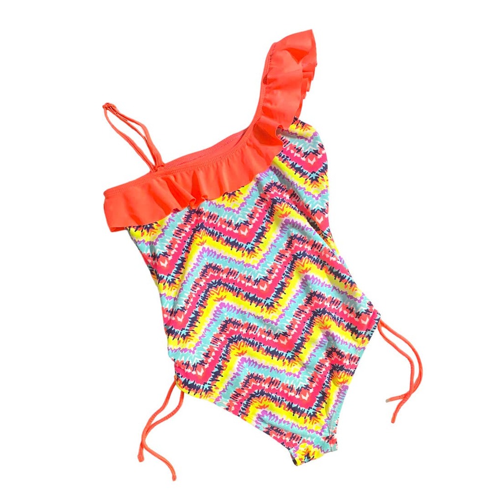 Justice orange blue chevron one piece ruffle off shoulder bathing suit size 10 - Picture 4 of 7